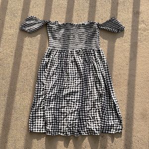 Off the shoulder black and white checkered dress